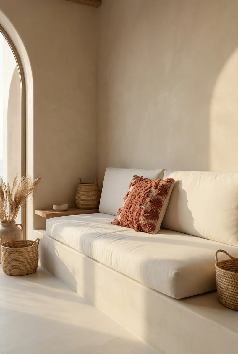 Textured rust-colored cushion on a neutral built-in sofa in a sunlit room with woven baskets.