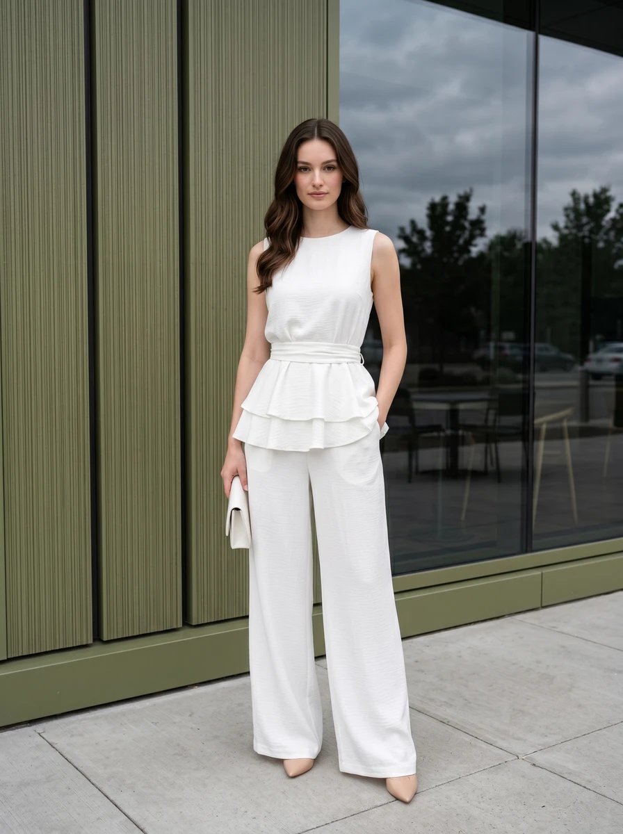 Model standing outdoors wearing a white sleeveless peplum top and matching wide-leg trousers, holding a white clutch.