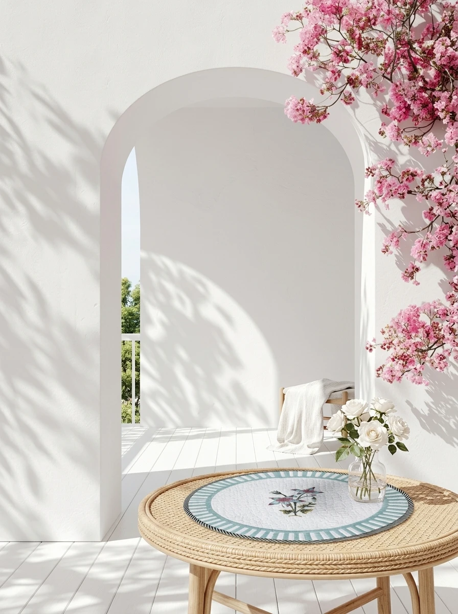 Rattan coffee table with a patterned placemat and flowers on a sunny white balcony with pink bougainvillea.