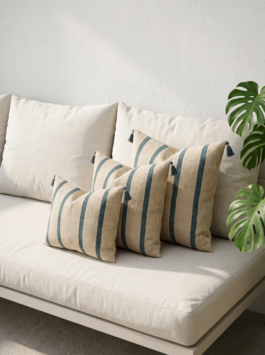 Three linen cushions with blue stripes and corner tassels arranged on a beige sofa next to a plant.