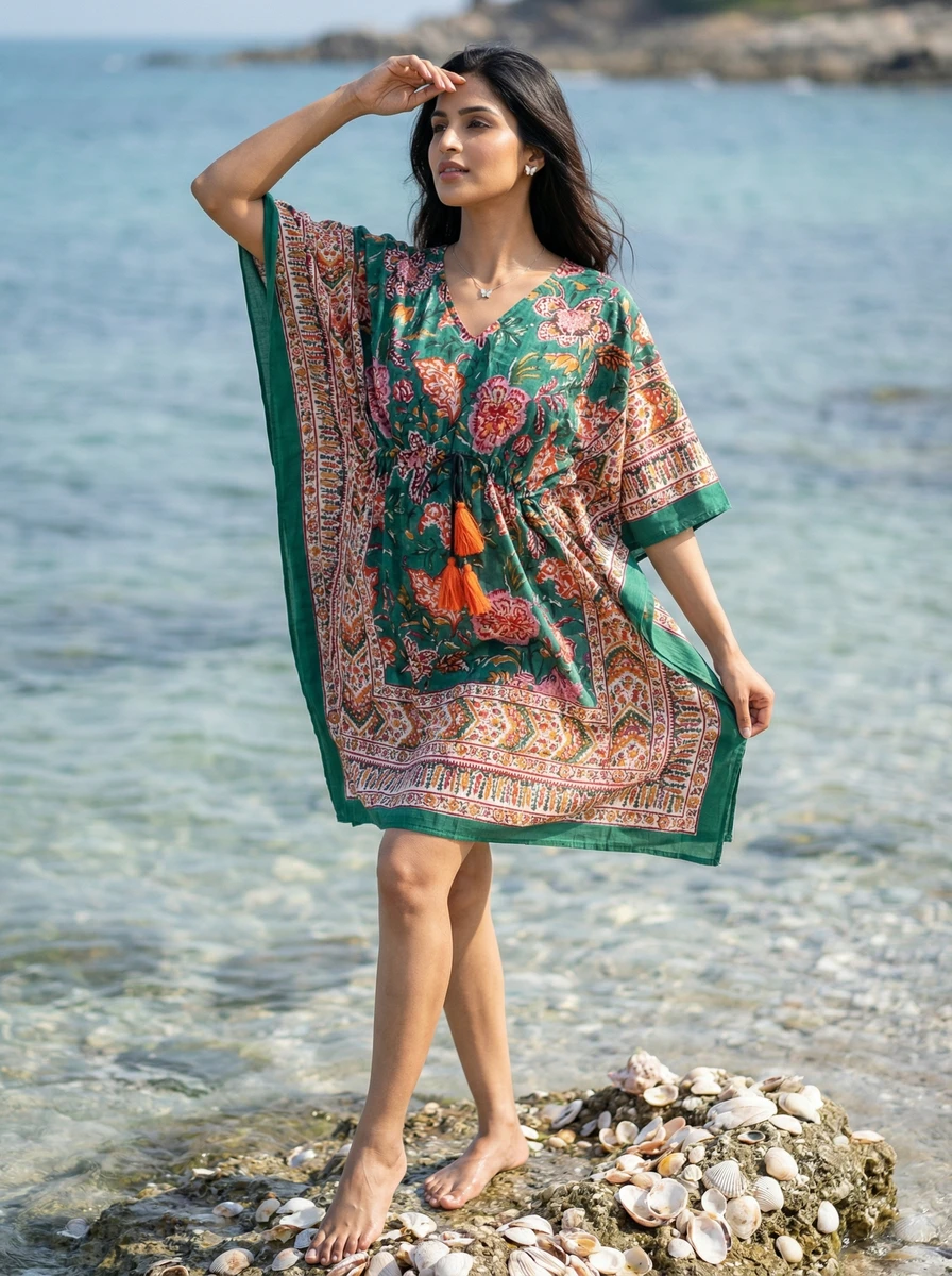 Model standing on a rocky beach wearing a green floral print kaftan dress with orange tassels.