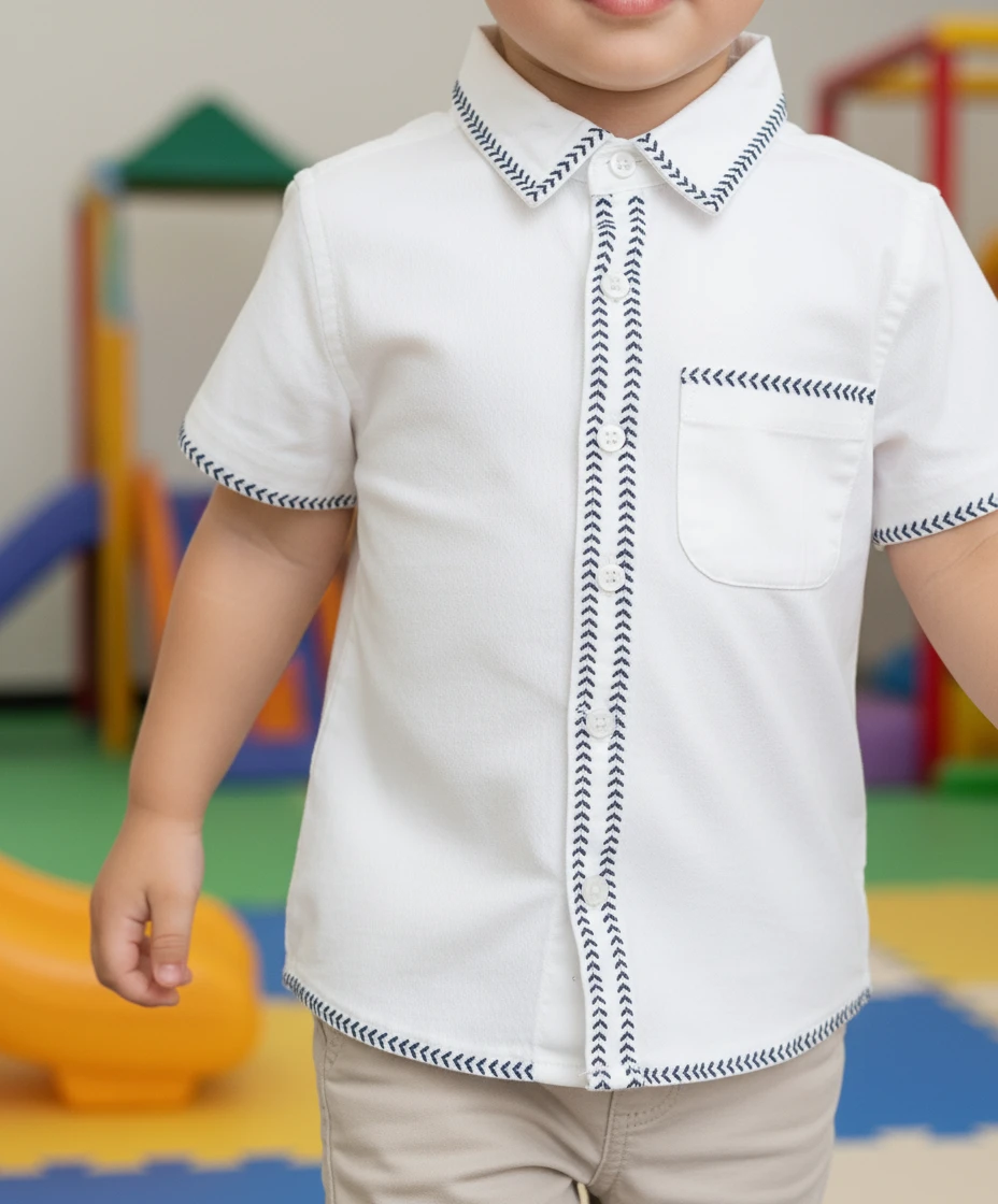 Young child wearing a short-sleeve white button-down shirt with blue chevron embroidery details and beige pants in a playroom.