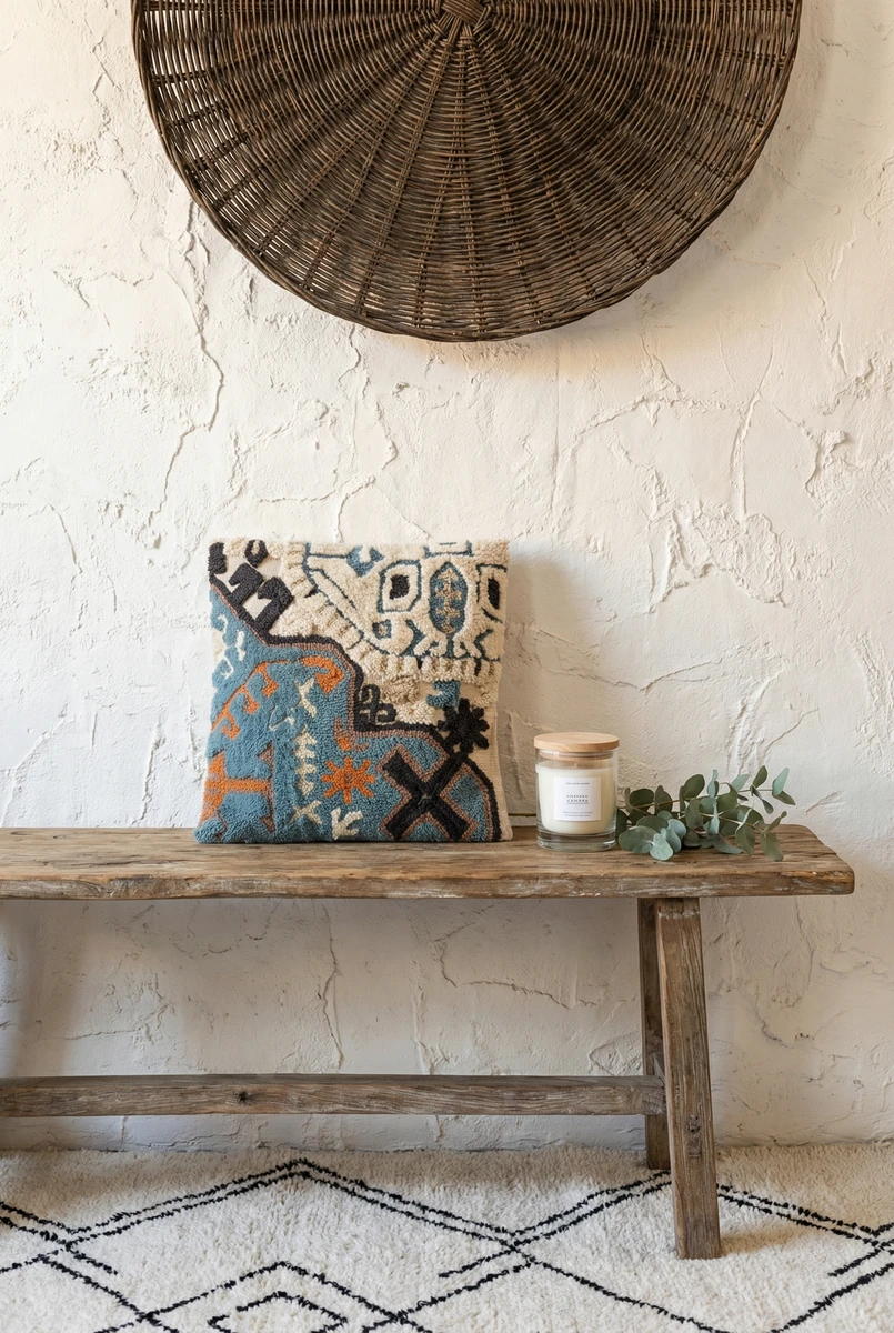Sanskruti patterned cushion with blue and cream tufted texture on a rustic wooden bench.