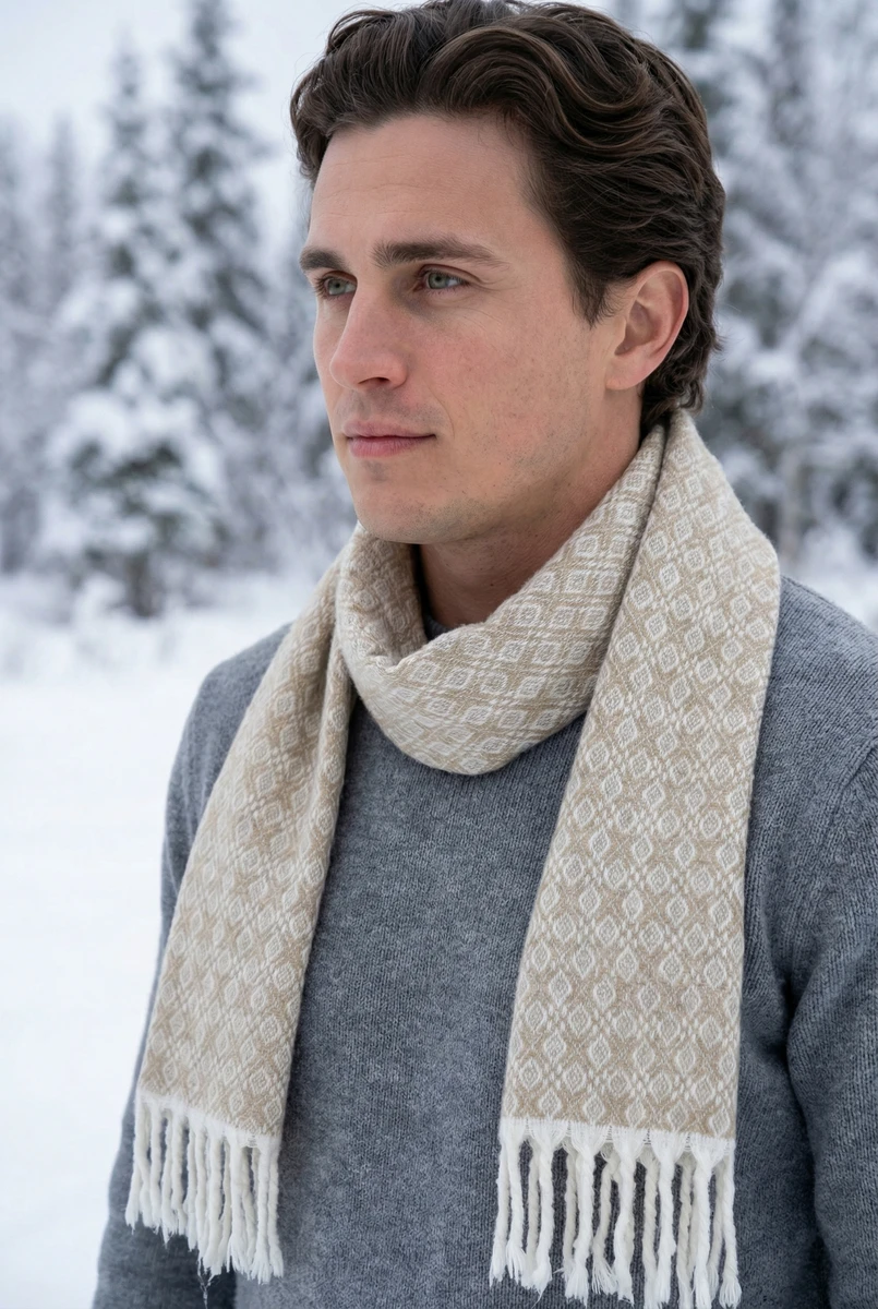 Man wearing a textured beige patterned scarf over a grey knit sweater in a snowy outdoor setting.