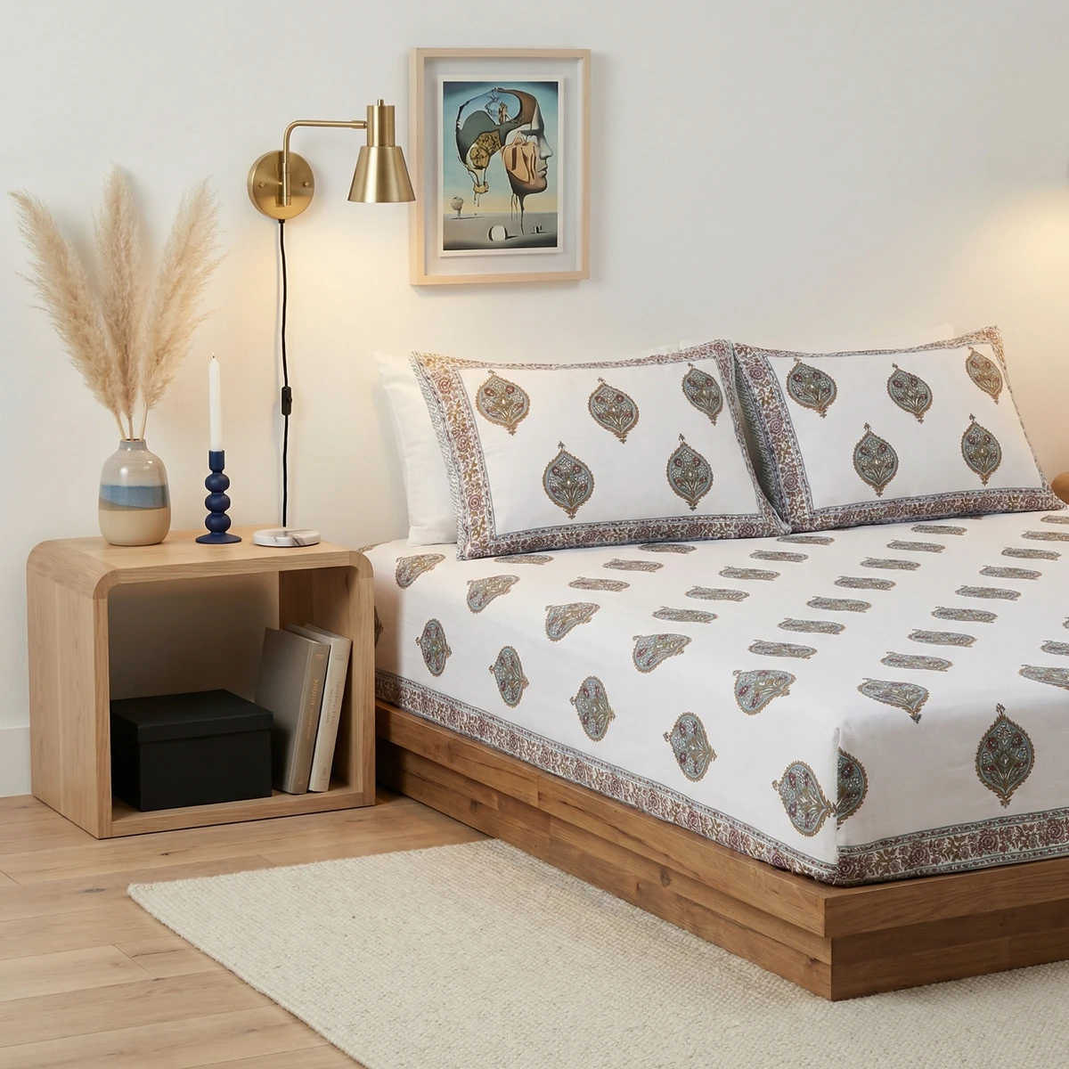 Kanika bed featuring white comforter with traditional blue and brown paisley motifs, styled in a minimalist bedroom.