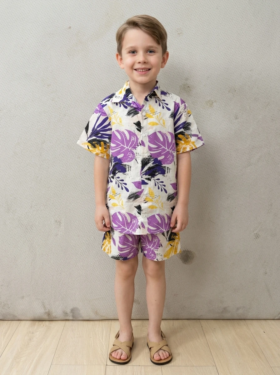 Young boy wearing a short-sleeve button-down shirt and matching shorts with a purple, yellow, and black tropical print.
