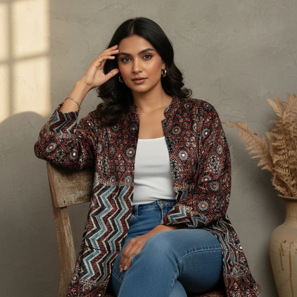 Woman sitting on a wooden chair wearing a patterned jacket with geometric motifs, white top, and blue jeans against a grey wall.
