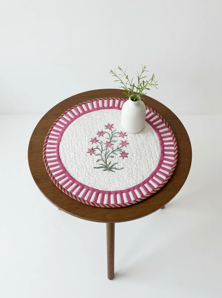 Round quilted table mat with pink floral embroidery and striped border on a wooden table.