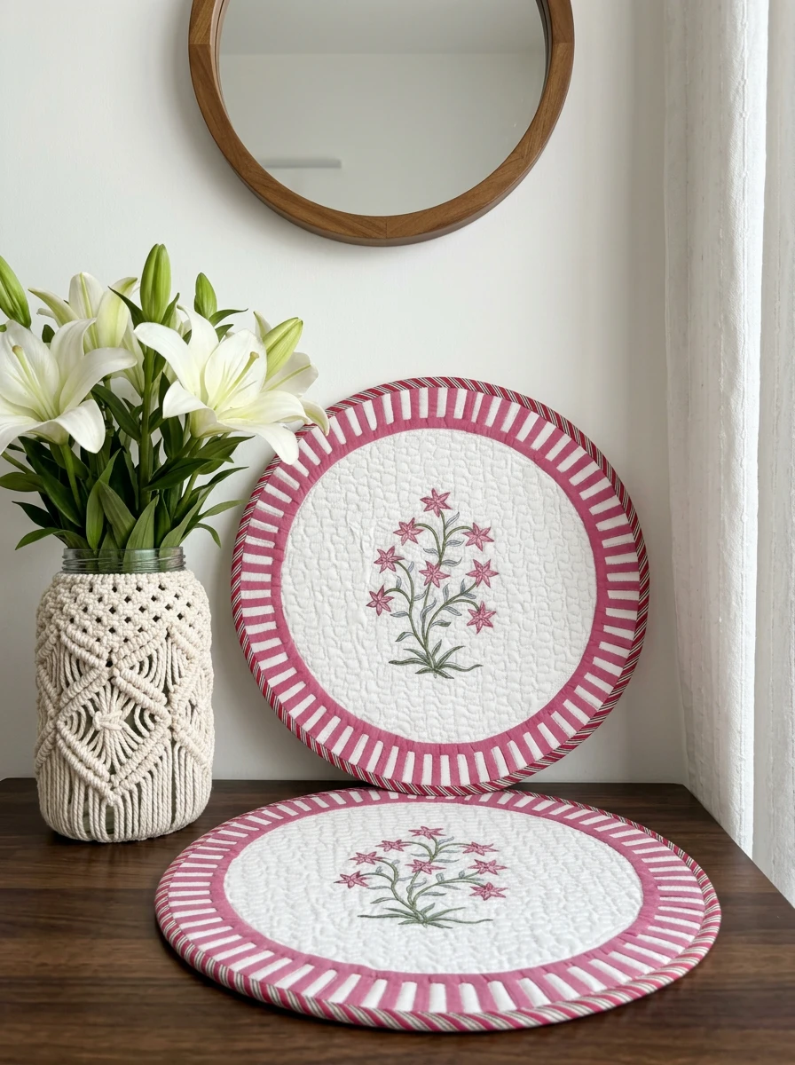 Two round quilted placemats with pink floral embroidery and striped borders, displayed next to white lilies in a macrame vase.