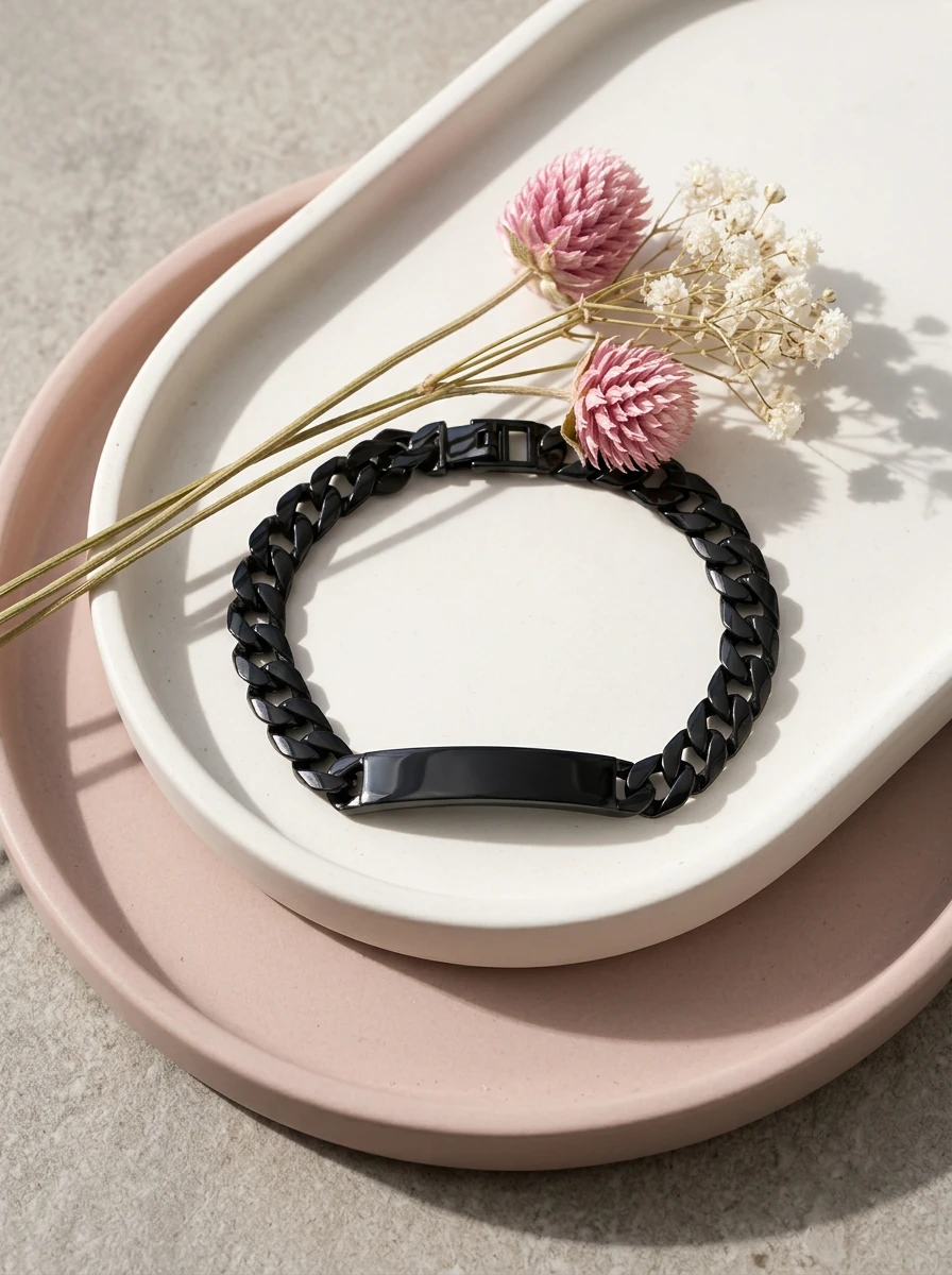 AI flat-lay photoshoot of a black chain bracelet with dried flowers, for a bracelet brand selling on marketplaces