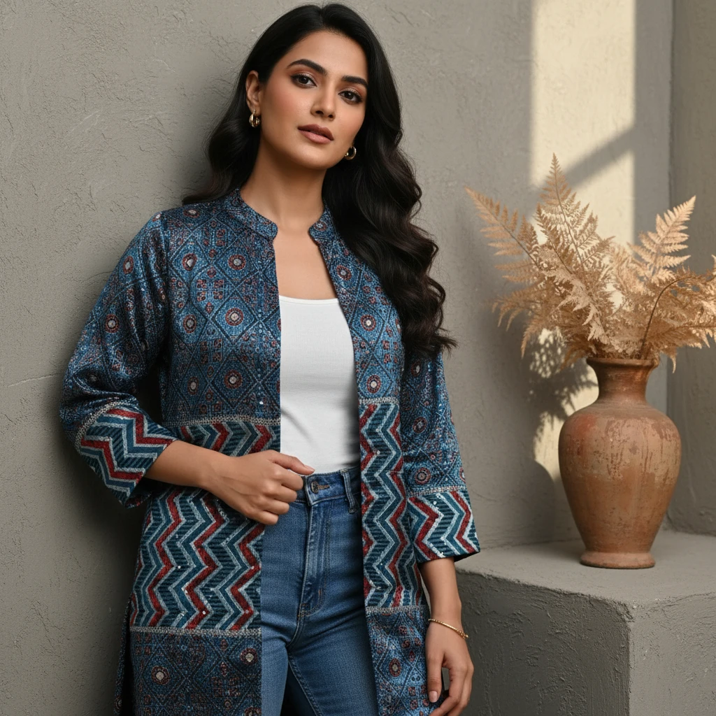 A woman wearing an open blue patterned Doresu jacket over a white top and jeans, posed against a grey wall with a vase of dried plants.