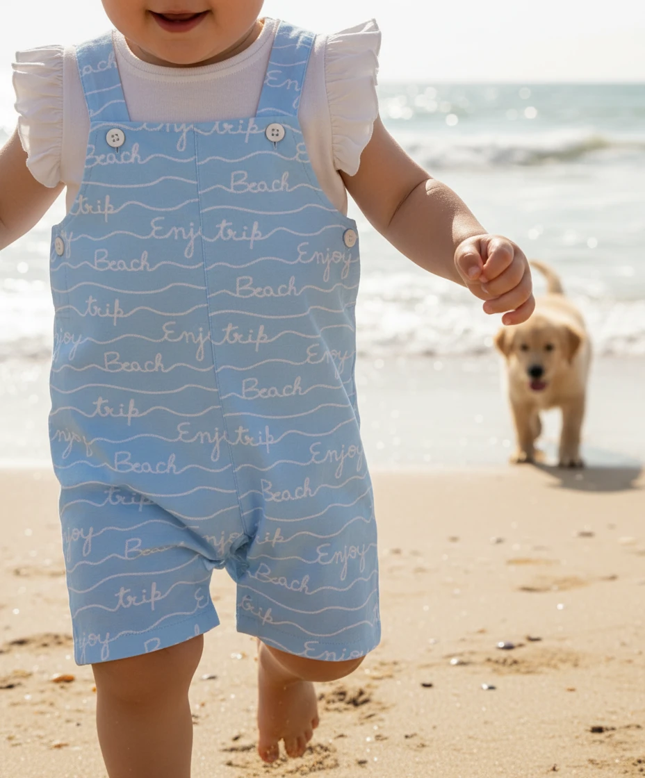 Toddler in blue patterned shortalls over a white ruffled tee running on a sandy beach with a puppy in the background.