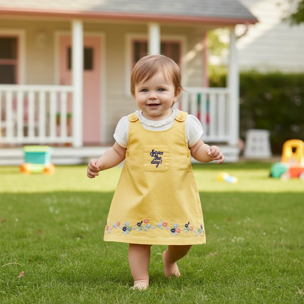 Toddler wearing a yellow sleeveless corduroy dress with floral embroidery and white shirt, walking in a grassy backyard.