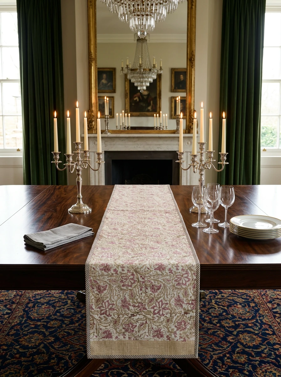 A floral patterned table runner in pink and beige on a dark wooden dining table set with silver candelabras.