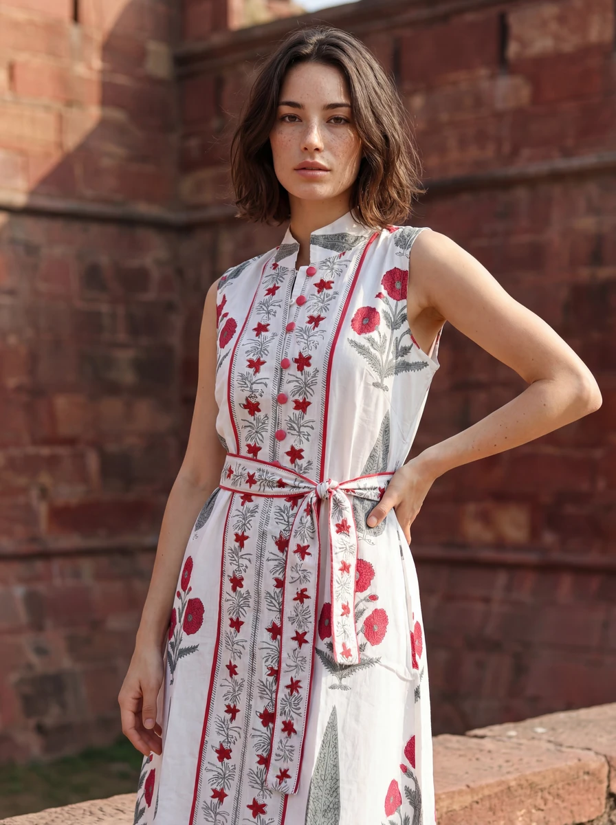 Model wearing a white sleeveless Mamta midi dress with red floral block prints and a matching tie waist belt.
