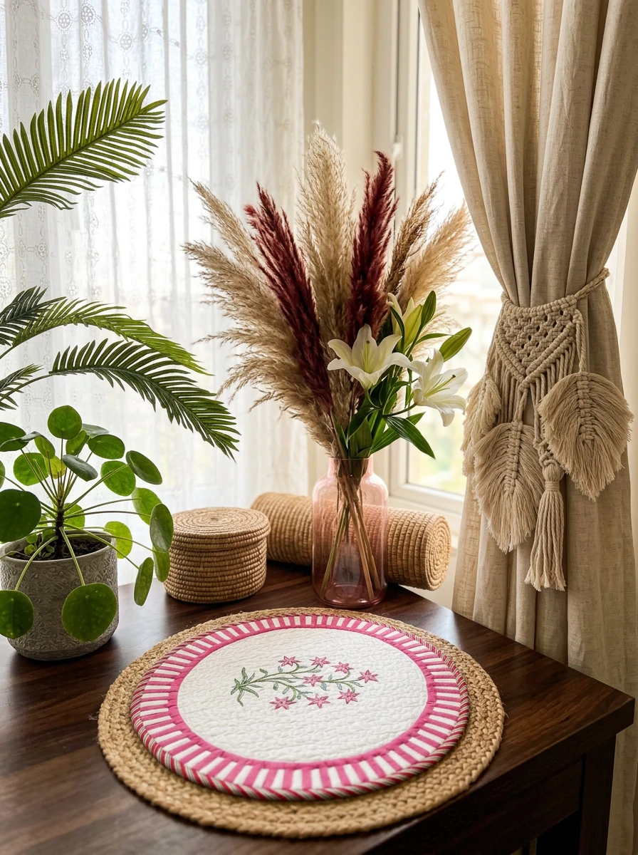 Home furnishings setup with a pink and white floral placemat on a wooden table, pampas grass in a vase, and macrame curtain tiebacks.