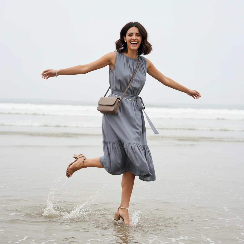 A smiling woman in a sleeveless gray midi dress splashes in ocean waves at the beach, wearing nude heels and a crossbody bag.