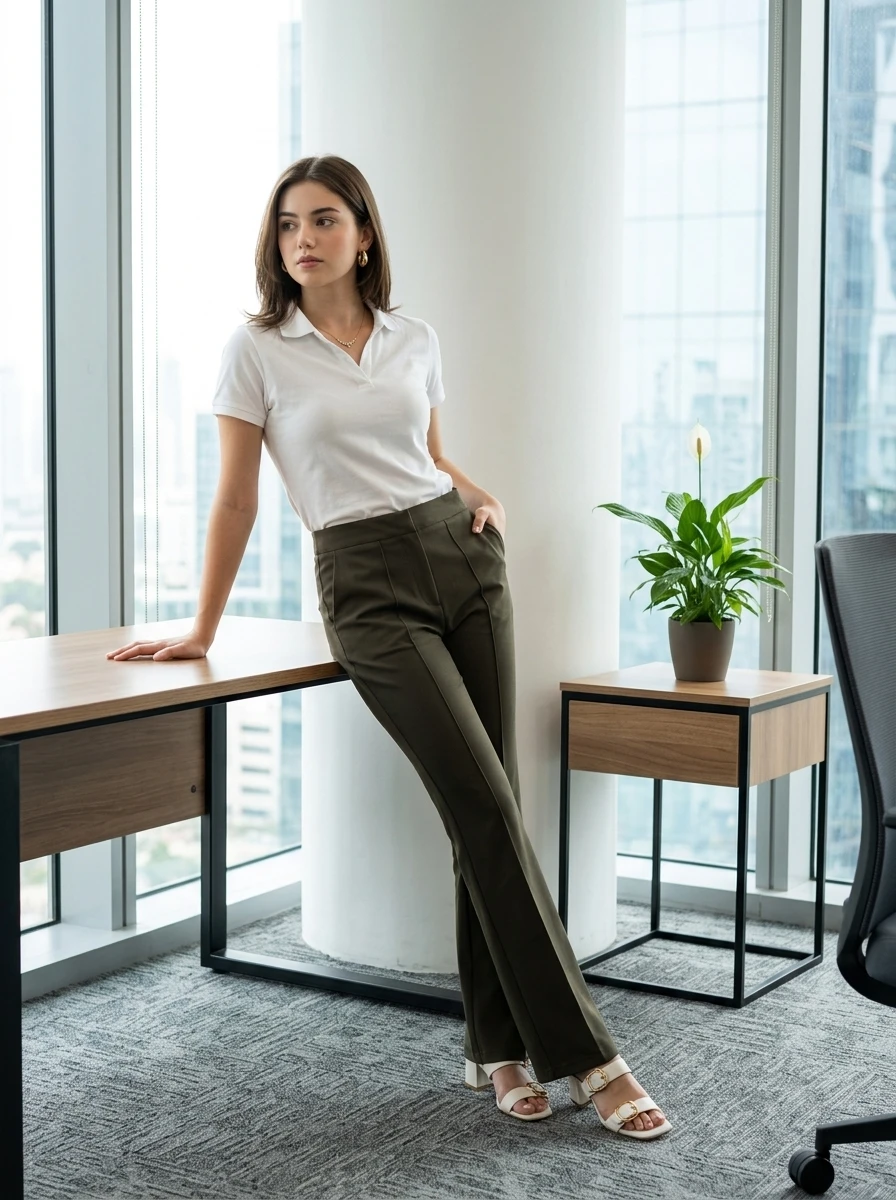 A woman leans against an office desk wearing a white polo shirt, dark olive green trousers, and white heeled sandals.