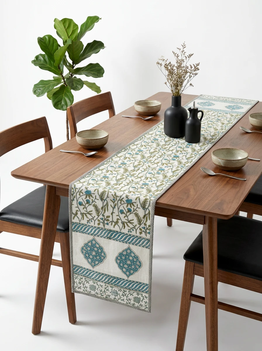 A white table runner with blue and green floral print on a wooden dining table.