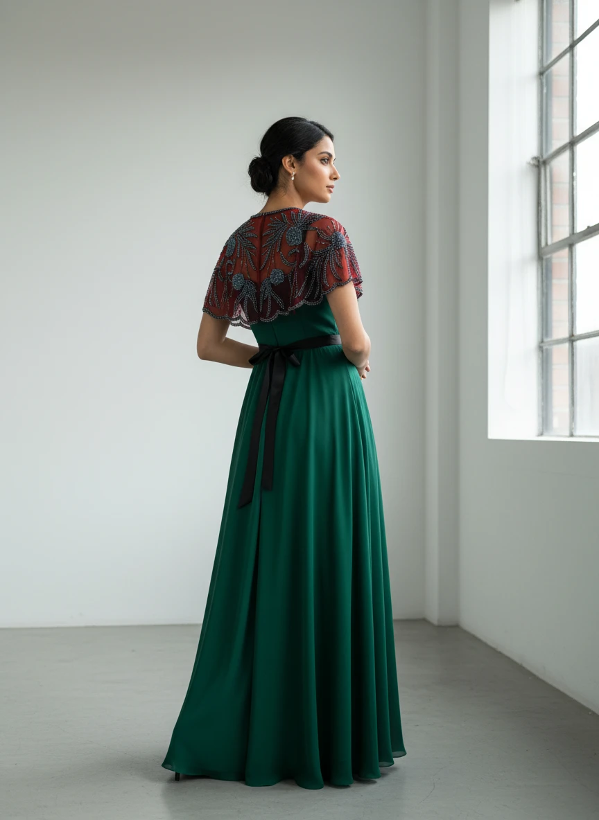 Model standing indoors wearing a green maxi dress with a sheer red beaded capelet and black waist tie.