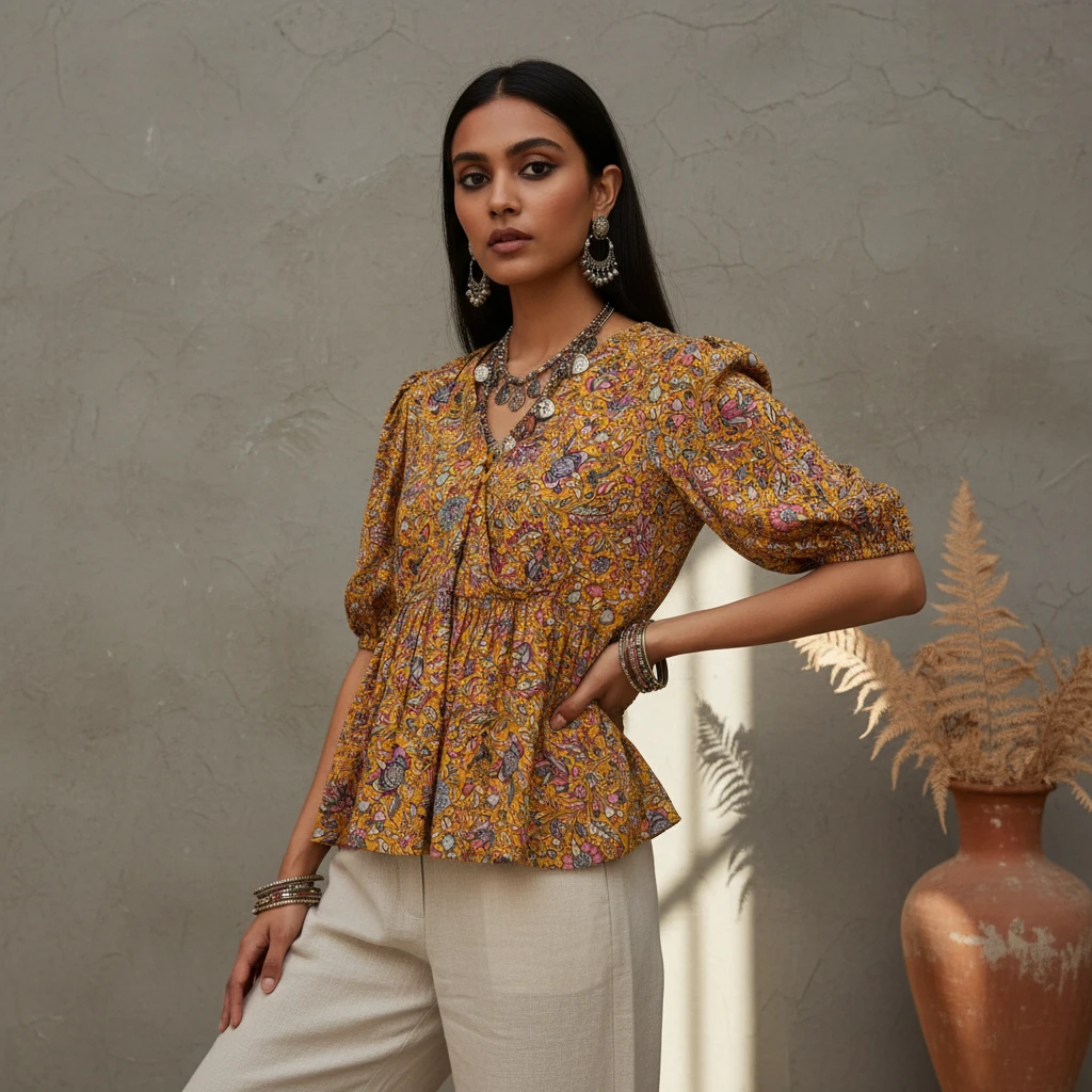 Woman wearing a yellow floral print peplum blouse and light trousers against a neutral wall.