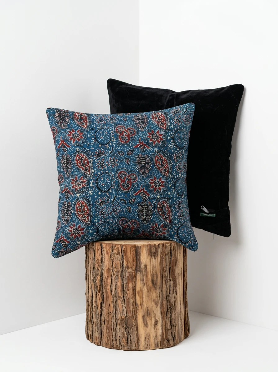 Two cushions displayed on a wooden tree stump against a white corner wall. The front cushion features a blue patterned fabric.