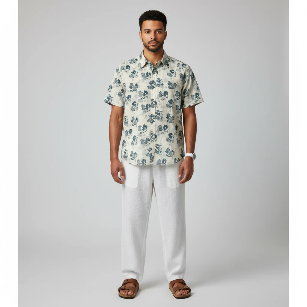 Male model wearing a short-sleeve floral button-down shirt, white linen trousers, and brown sandals in a studio.