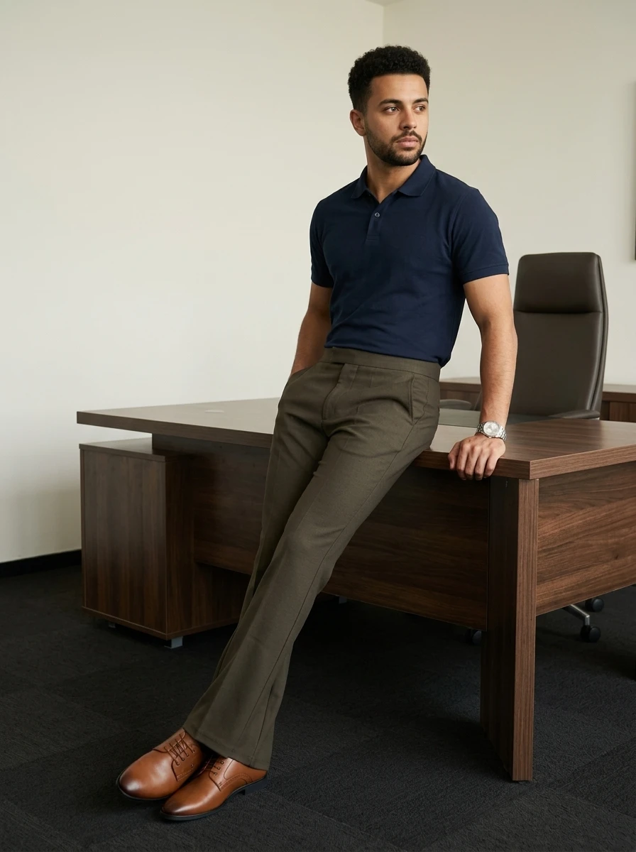 Man in a navy blue polo shirt and olive green trousers posing leaning against an office desk with brown leather shoes.