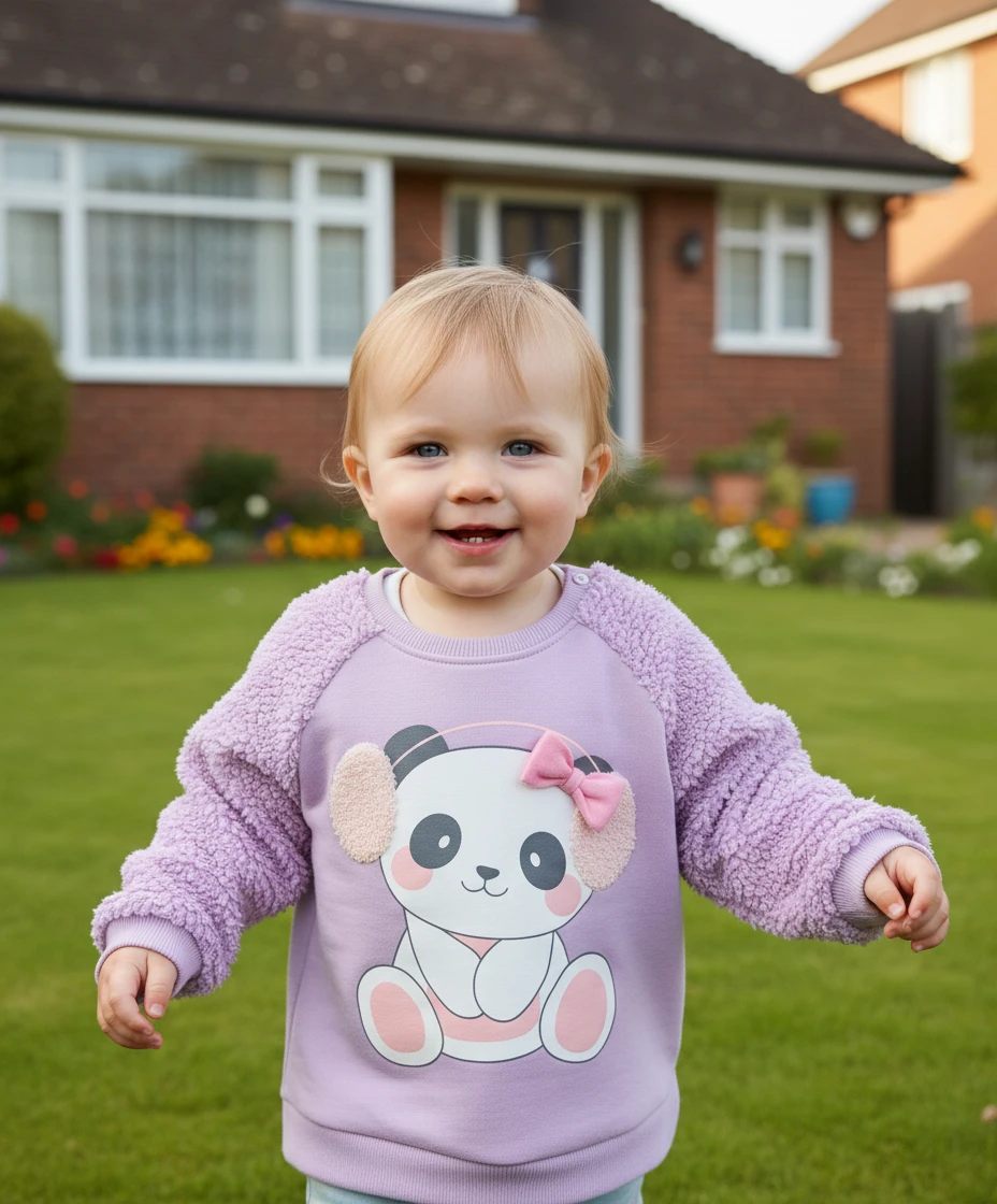 A smiling toddler wearing a lavender sweatshirt with a cute panda graphic in front of a brick house.