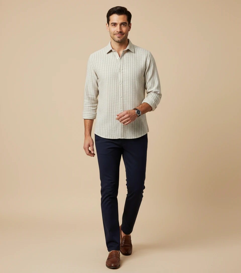 Man wearing a light-striped button-down shirt, dark trousers, and brown loafers on a neutral studio background.