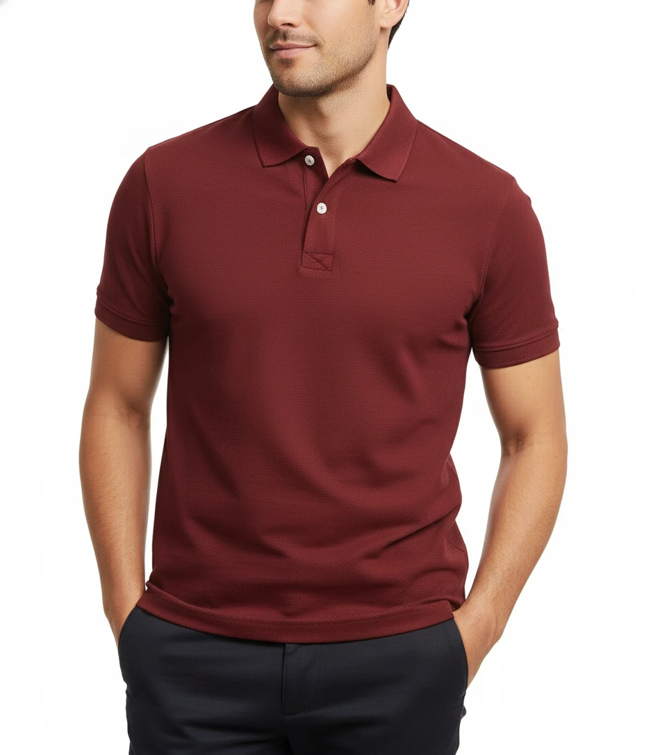 A man wearing a maroon short-sleeved collared polo shirt with a textured fabric against a clean white background.