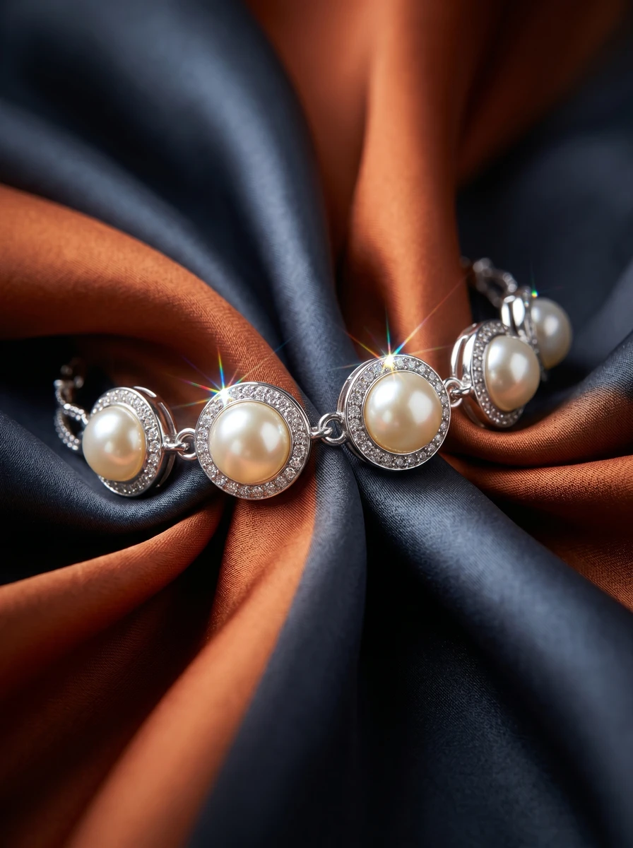 Outdoor lifestyle AI photoshoot of a pearl and crystal bracelet, for a bracelet brand selling on marketplaces