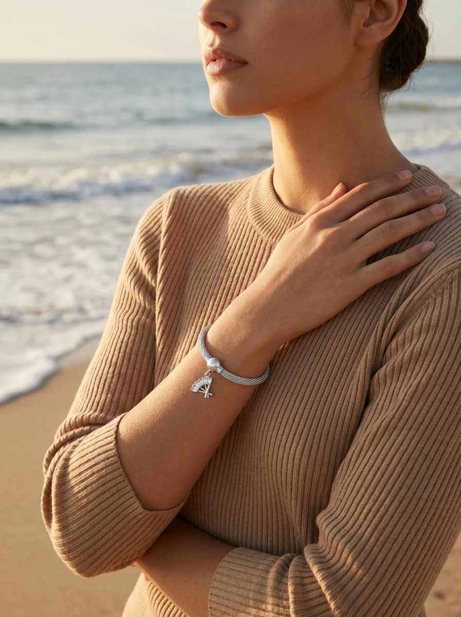 Outdoor lifestyle AI photoshoot of a charm bracelet on a model, for a bracelet brand selling on marketplaces