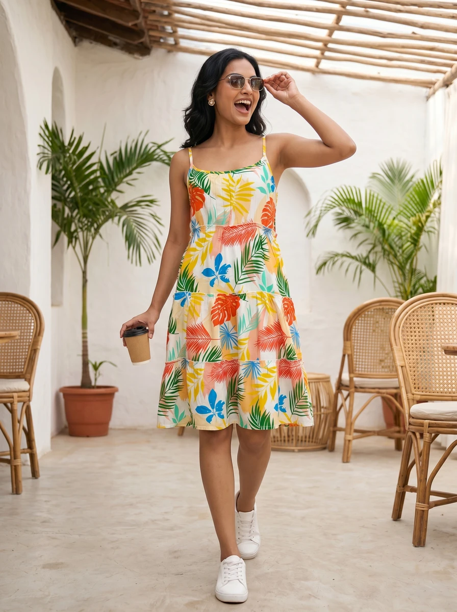 Woman smiling in a colorful tropical print tiered dress and white sneakers in a sunny outdoor cafe.