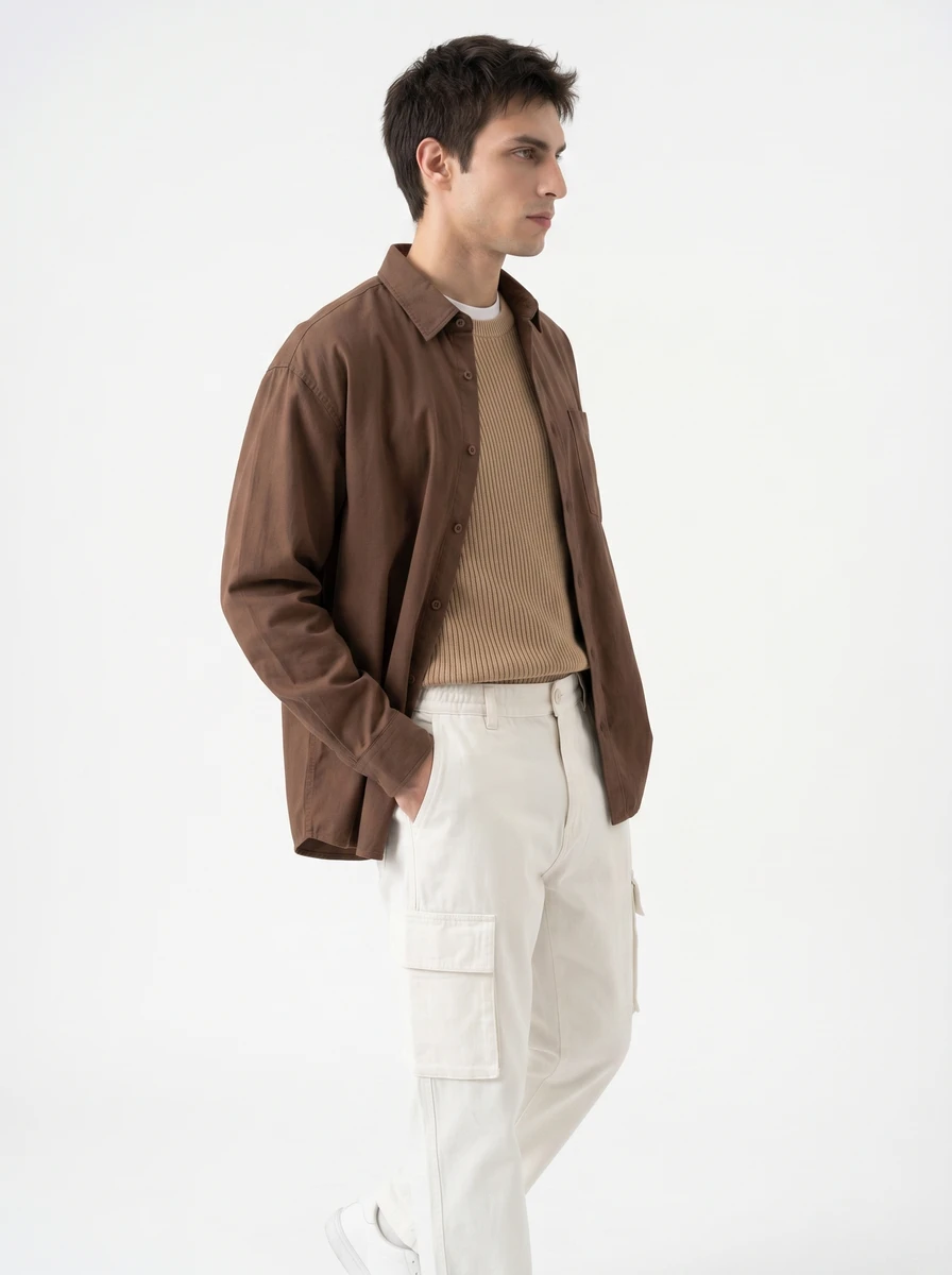 Male model wearing a brown button-up shirt over a beige ribbed sweater and cream cargo pants against a white background.