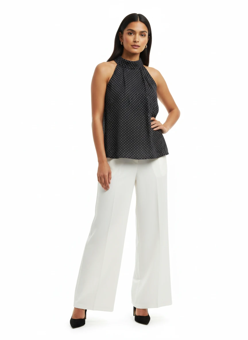 Model wearing a black halter neck top with white polka dots and white wide leg trousers against a white background.