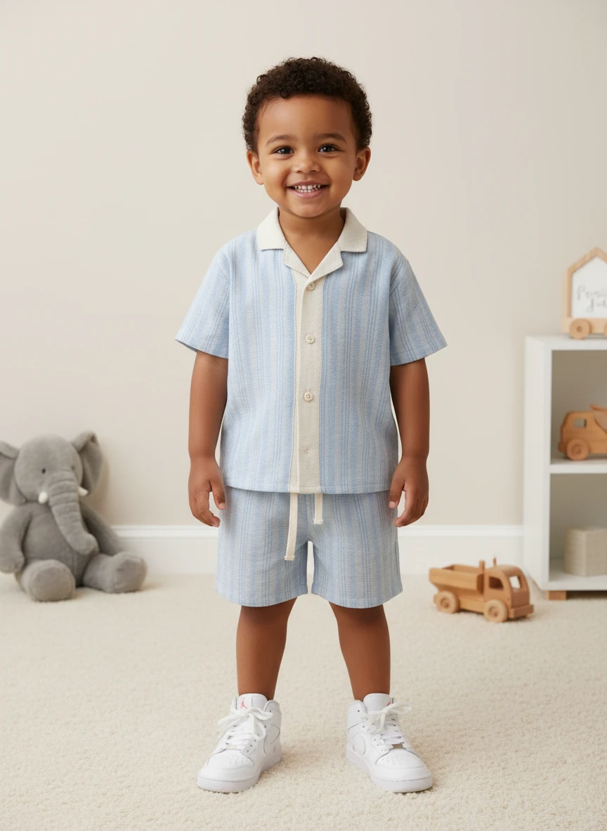 Toddler boy standing in a blue and white striped button-down shirt and matching shorts with white sneakers.