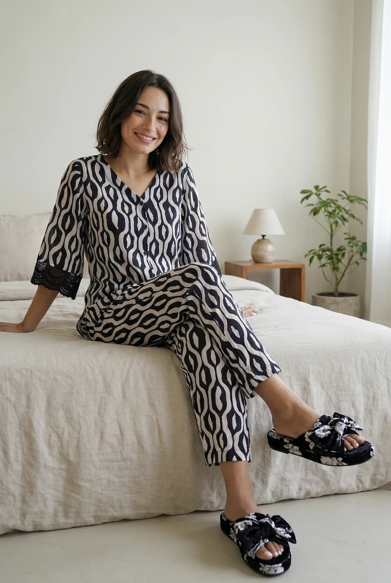 Woman sitting on a bed wearing a black and white patterned pajama set with lace trim and matching slippers.