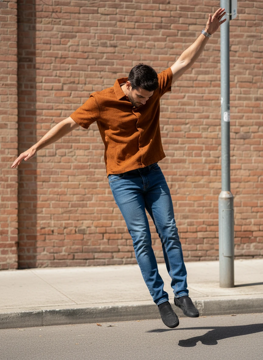 Man wearing a rust brown short-sleeve shirt and blue jeans jumping in front of a brick wall.