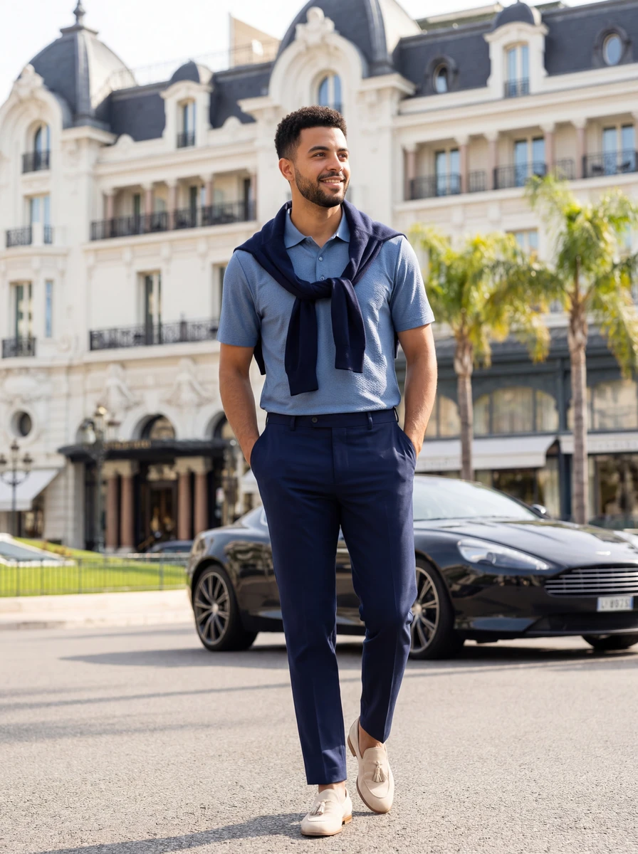 A man wearing a blue polo shirt, dark trousers, and loafers walks outdoors near a luxury car and classic architecture.