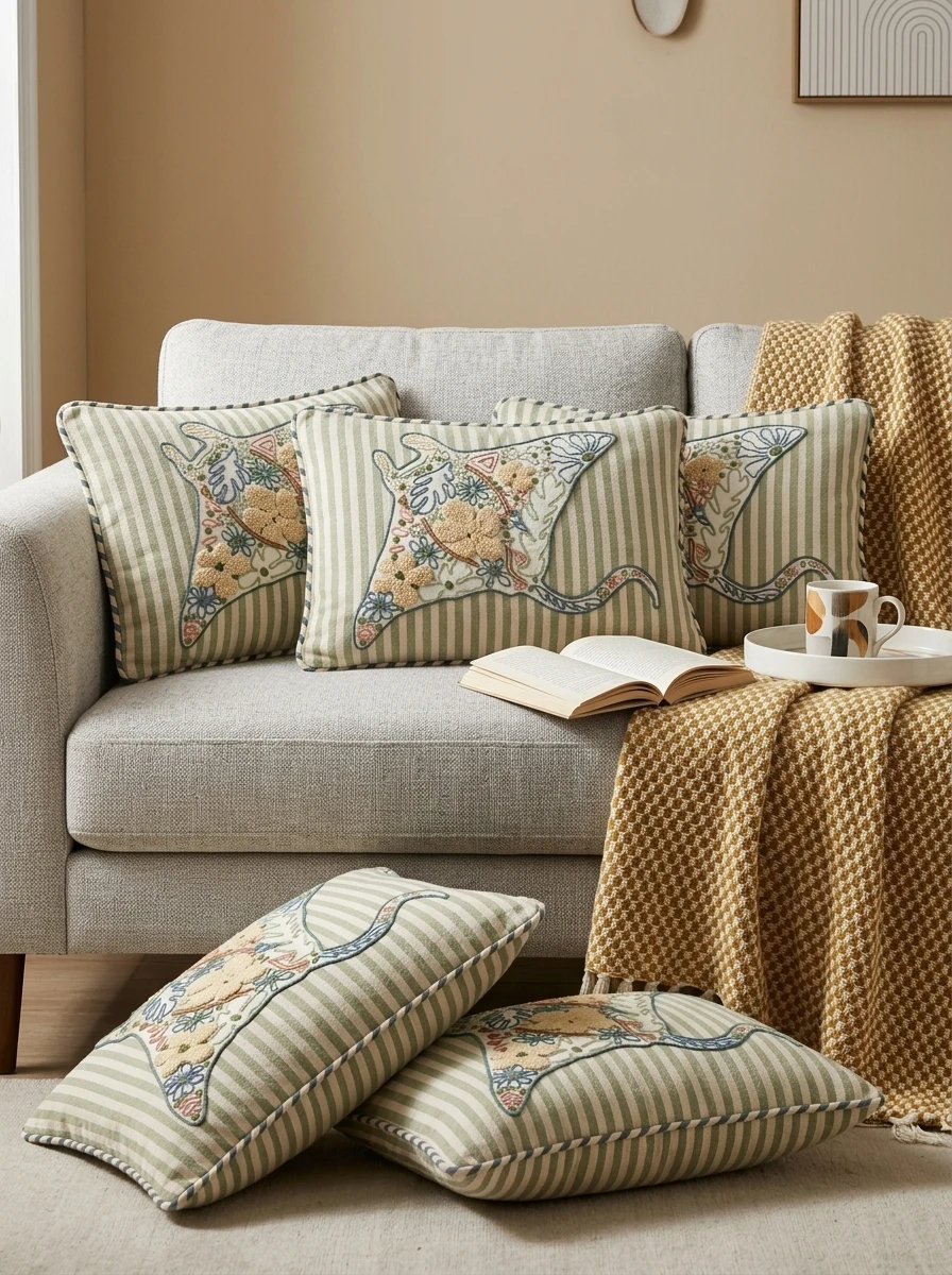 Green and white striped cushions with embroidered manta ray motifs arranged on a grey sofa.