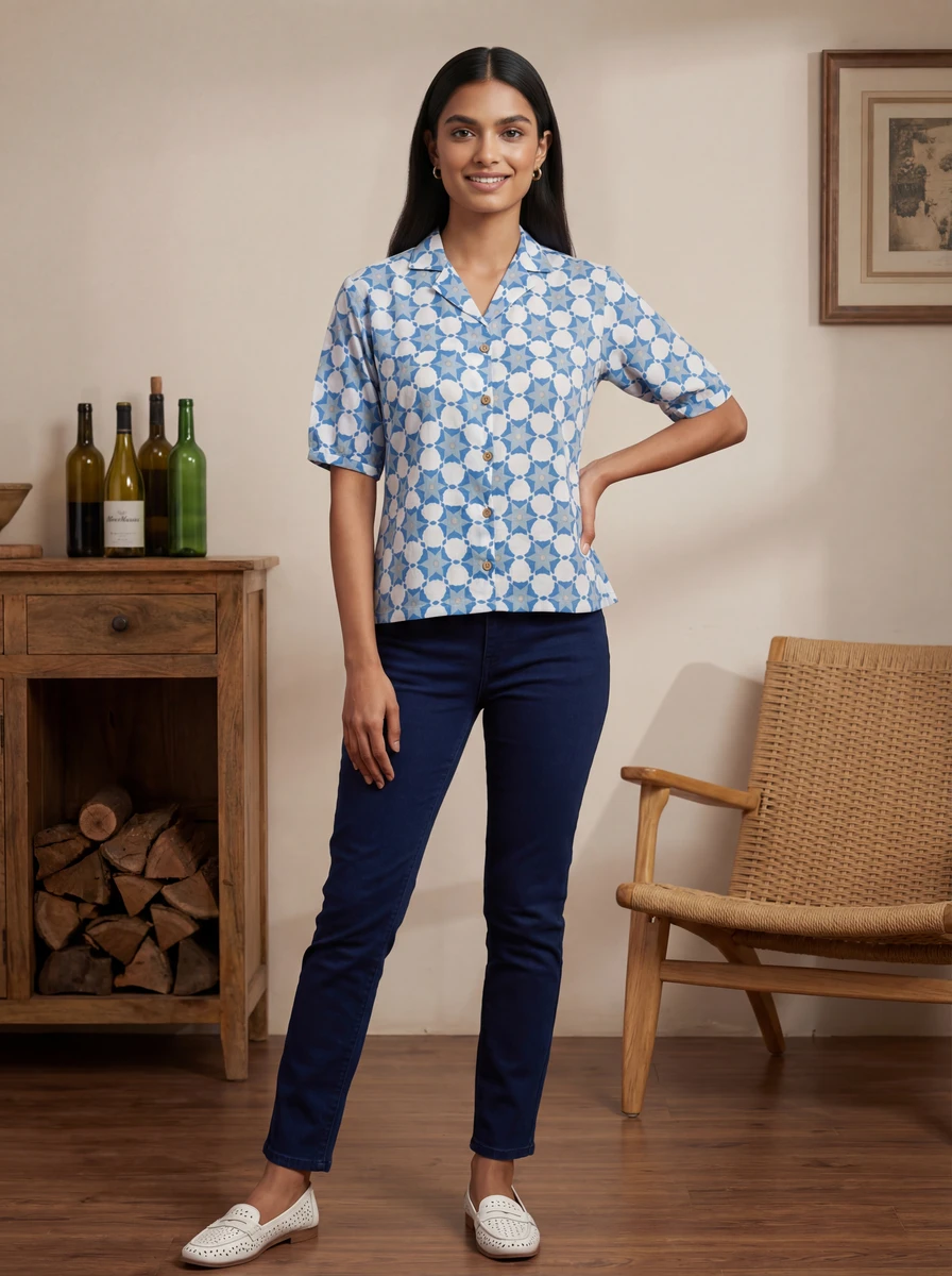 Model standing in a blue geometric print button-down shirt and dark pants.