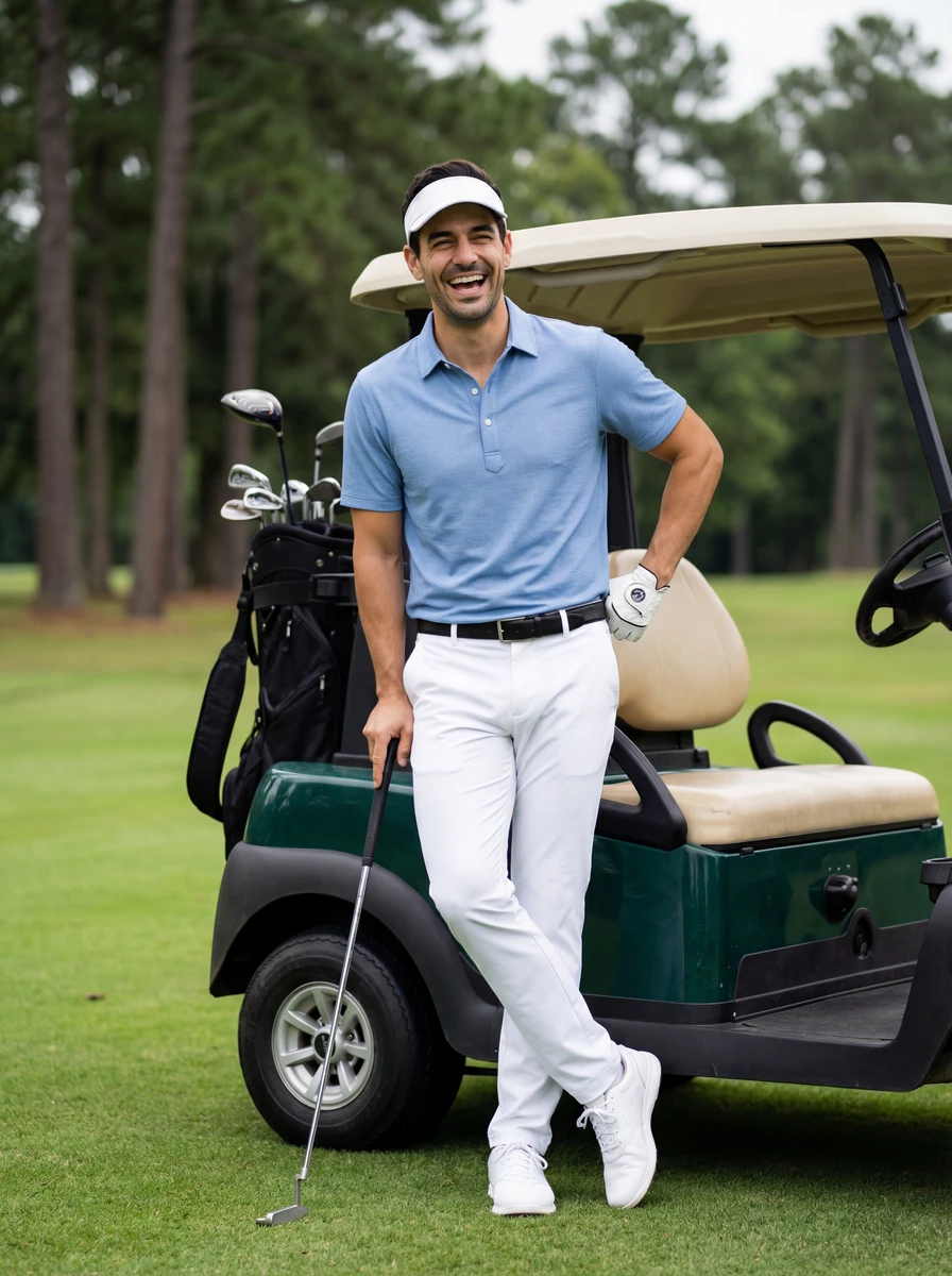A smiling man wearing a blue polo shirt and white trousers leaning against a golf cart on a golf course.