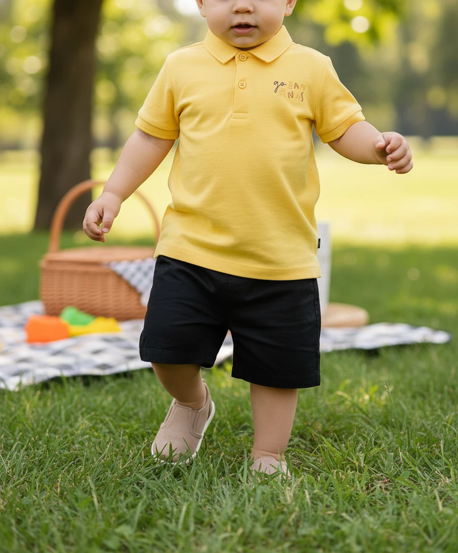 Toddler walking in a park wearing a yellow polo shirt with text and black shorts.