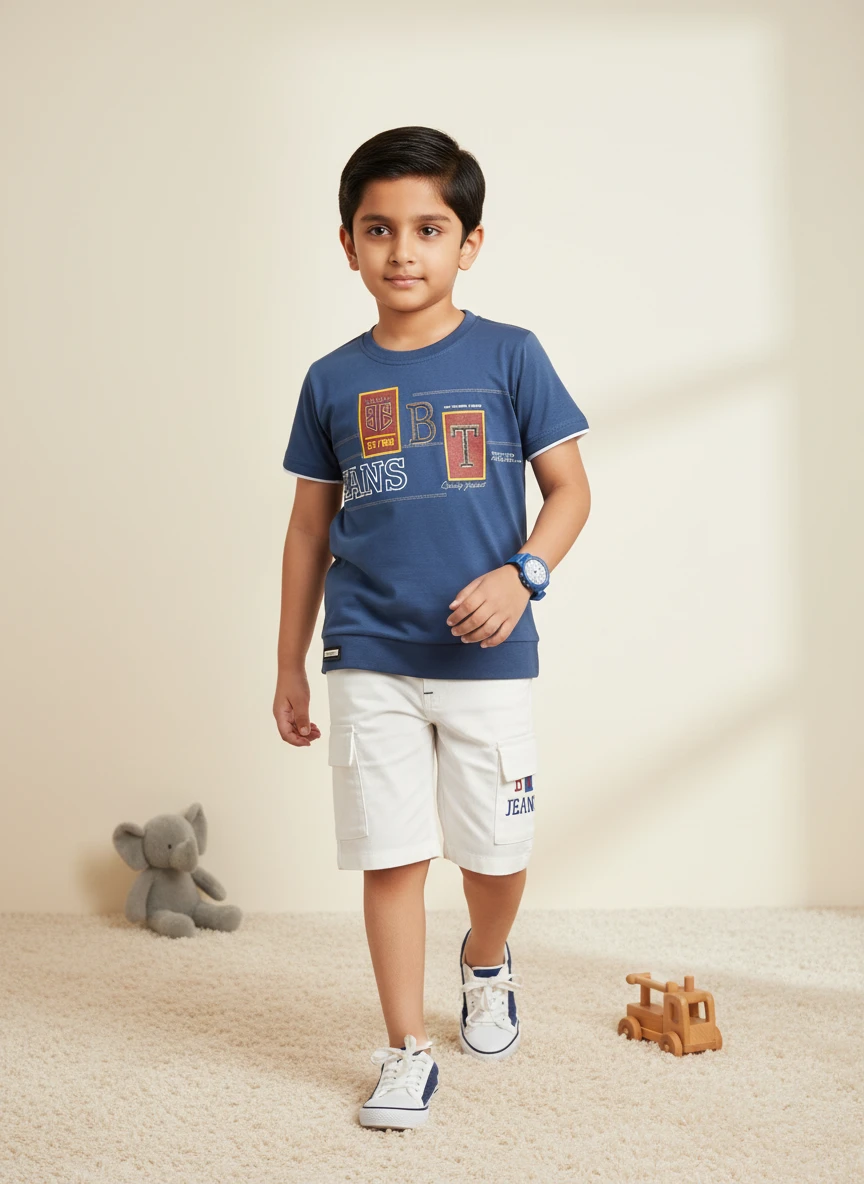 Young boy wearing a blue graphic t-shirt and white cargo shorts, walking on a carpeted floor in a studio.