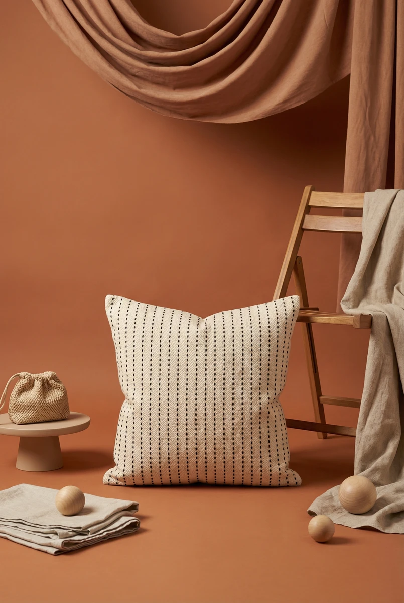 Sanskruti cushion in cream with black vertical dashed stripes, set against a warm terracotta backdrop with linen draped.