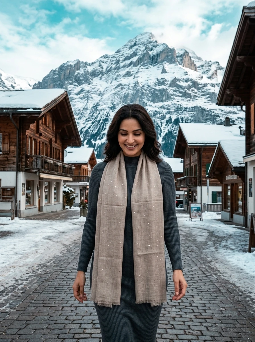 Woman in grey ribbed knit dress and beige scarf walking down a snowy alpine village street.