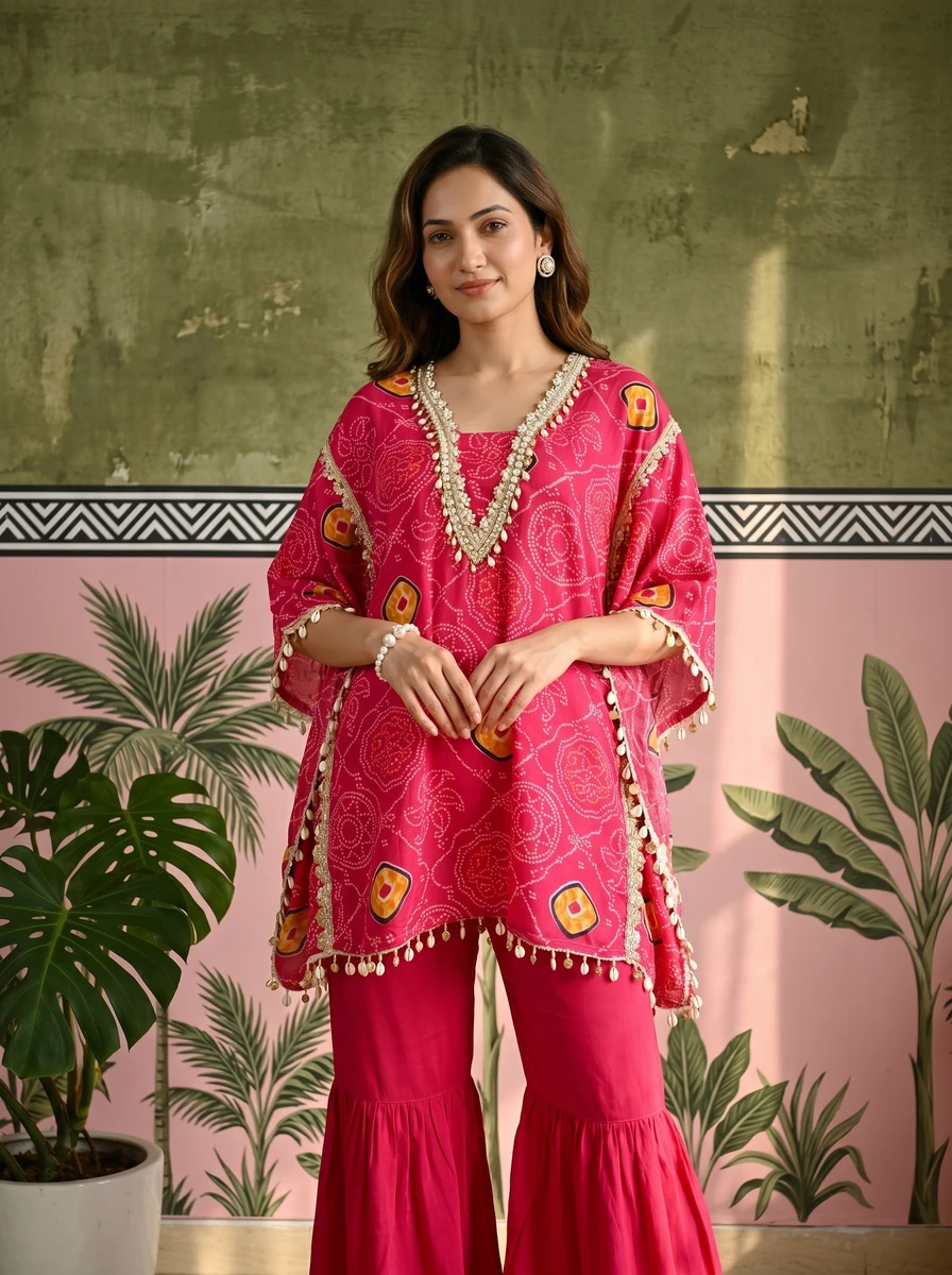 Woman wearing a fuchsia bandhani kaftan top with pearl-bead embellishments paired with matching flared trousers.