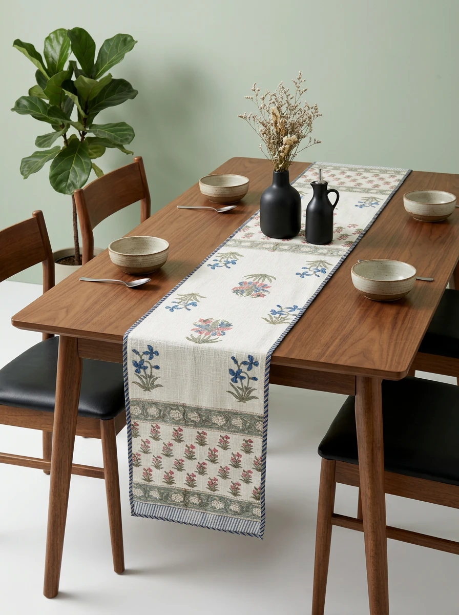 A decorative table runner with blue and pink floral block prints centered on a wooden dining table.