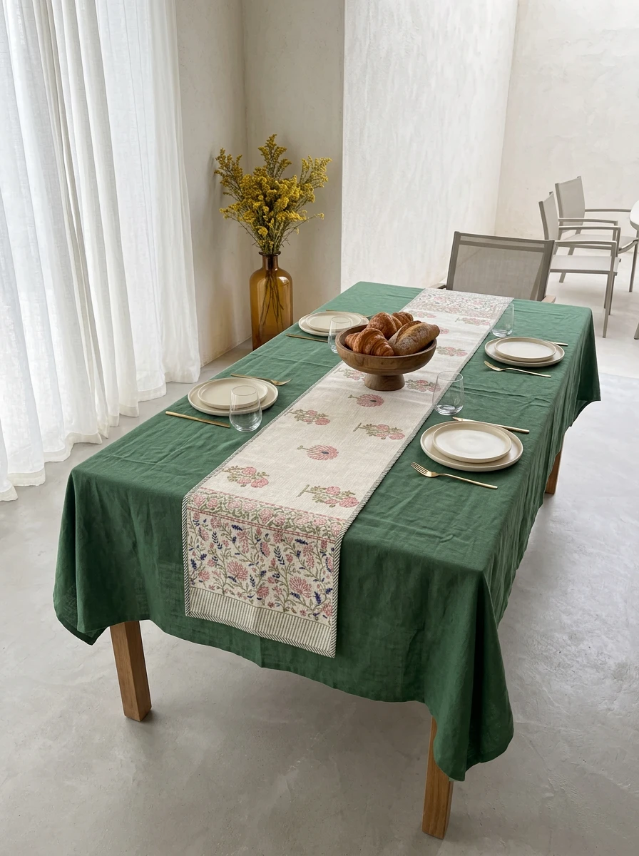 A green tablecloth on a dining table with a floral patterned table runner, plates, and a wooden bowl of bread.